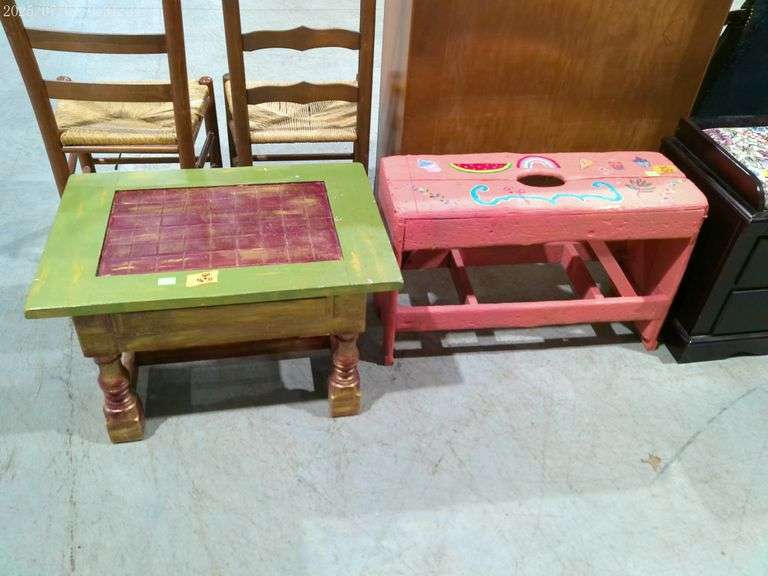 504- Painted accent table 28"x20"x17". Painted primitive bench 30"x11"x18"
