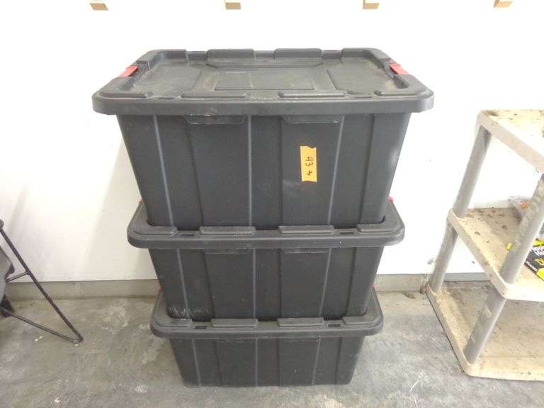 3 Heavy Duty Totes with Lids. Good Condition. See pictures. Located in attached garage.