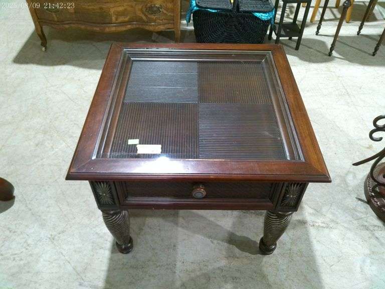 454 - Square 30"x30"x24" tall side/end table wood and glass. One drawer. Minimal finish damage under