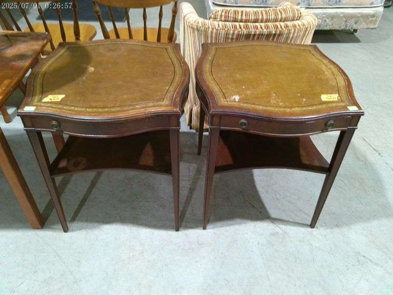 504- Pair of matching two-tiered, leather top end tables (one pull is missing)