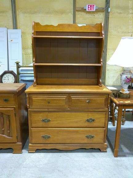 502- Vintage Early American hutch. Top is 38"x16", 60" tall. Shelves have plate grooves, some damage
