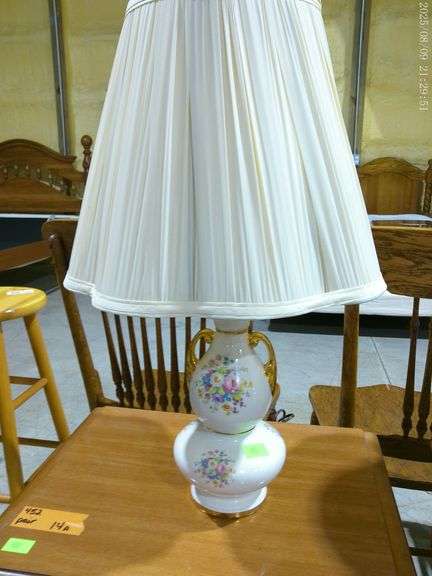 452 - Victorian style urn lamp with gold accents and floral design. Vintage pleated shade, 24" tall