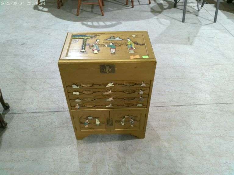 505- Vintage Chinoserie and Mother of Pearl Silverware Cabinet. 22" wide x 31" tall x 14 deep. See p