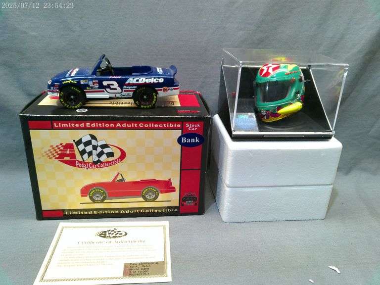 Collectible die cast Dale Earnhardt Jr pedal car bank, Kenny Irwin 1/4 scale helmet