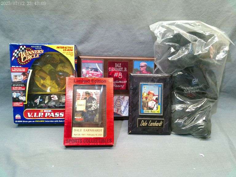 Dale Earnhardt plaques, CD, teddy bear in unopened package, Dale Jr plaque
