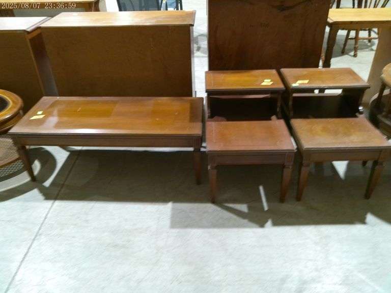 502- 3 pieces, vintage coffee table and two-tiered end tables.