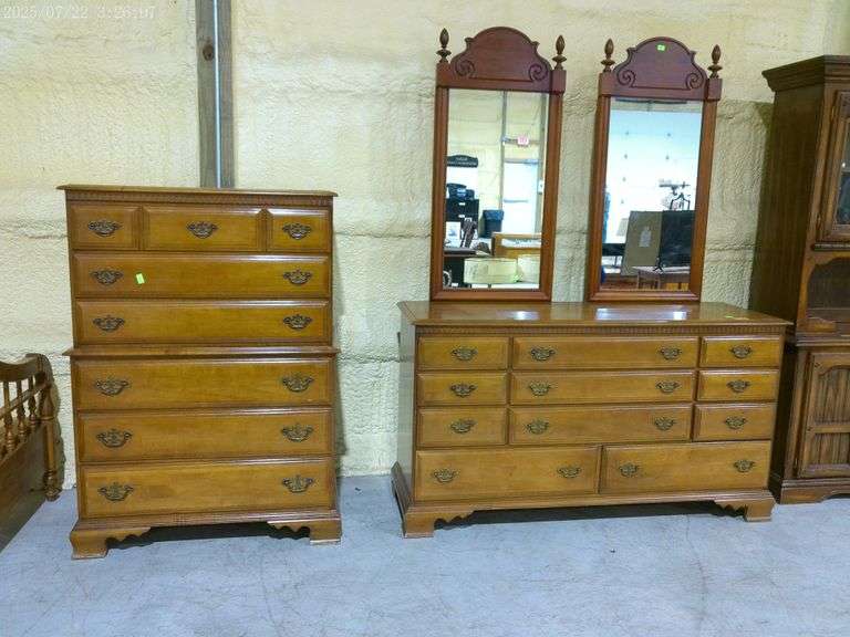 563 - Early American chest of drawers and dresser with 2 mirrors. Dresser is 62" wide. Both have dam