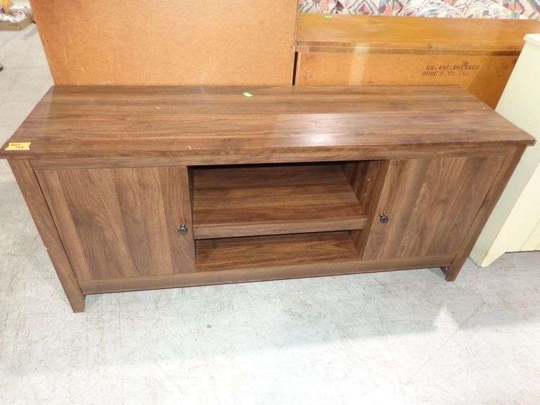 563 - Composite wood TV stand with lower storage and shelf for devices. 60"x18"