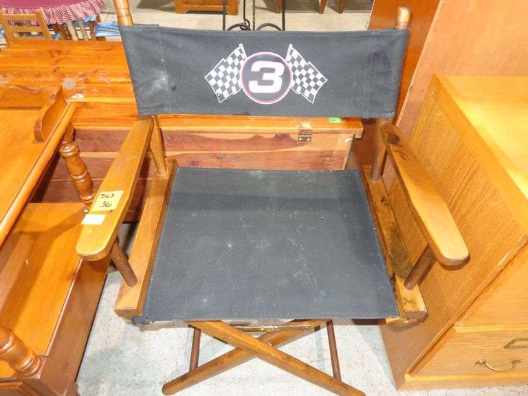 563 - Director's chair with #3 and racing flags. Wooden frame is solid