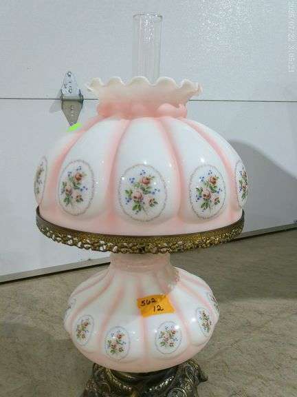 562 - "Gone With the Wind" hurricane table lamp floral pattern, milk glass, scalloped upper globe wi