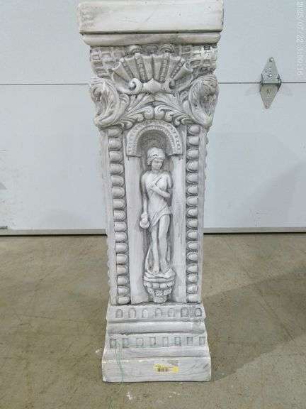 562 - White plaster pedestal with decorative scroll work 26" tall