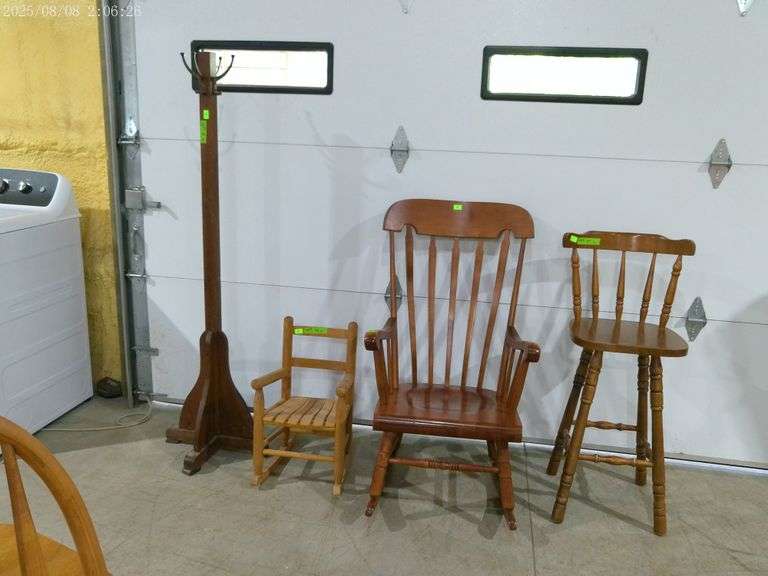 609- Hall tree, wooden rocker, barstool 27" tall, small childrens rocker