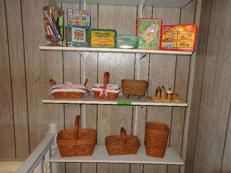 6 Longerberger baskets, manger scene items plastic, 6 tins (Crayola with crayons)