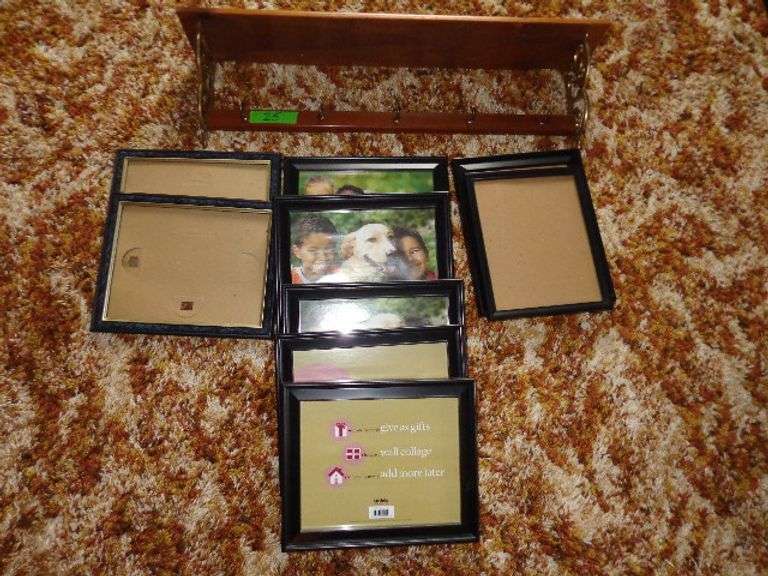 Wall shelf with coat hooks 30"wide, 9-8x10 frames