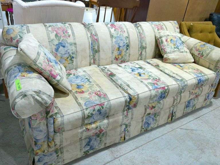 606- 3 cushion J Royale sofa with floral pattern fabric, shows wear
