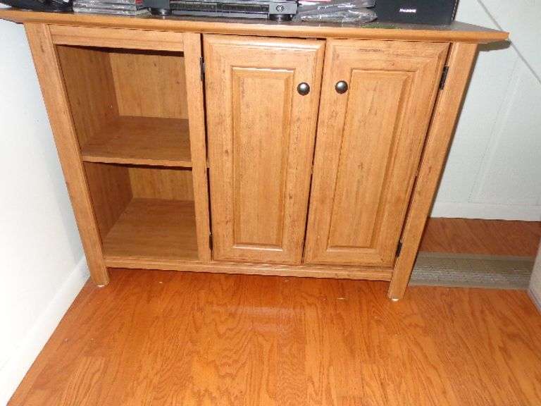 2-door wooden cabinet with open shelving on side, CD collection