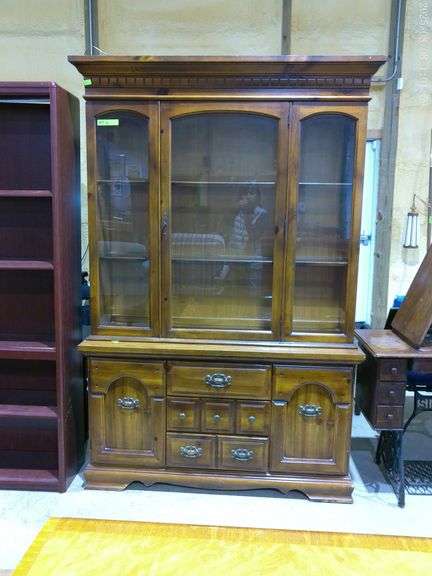604–2 piece early American hatch 72 inches tall, 16 inches deep, 50 inches wide. Glass shelving abov