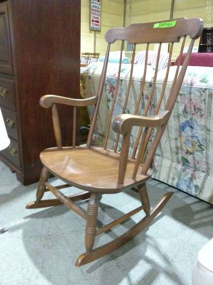 609- Wooden rocking chair and 2 brass table lamps with white shades