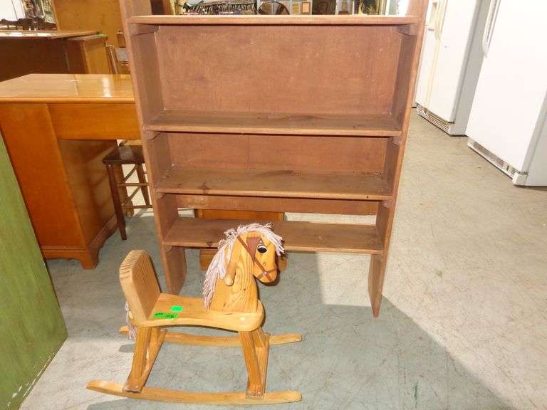 654 - 4 shelf little bookshelf 45" tall and wooden rocking horse