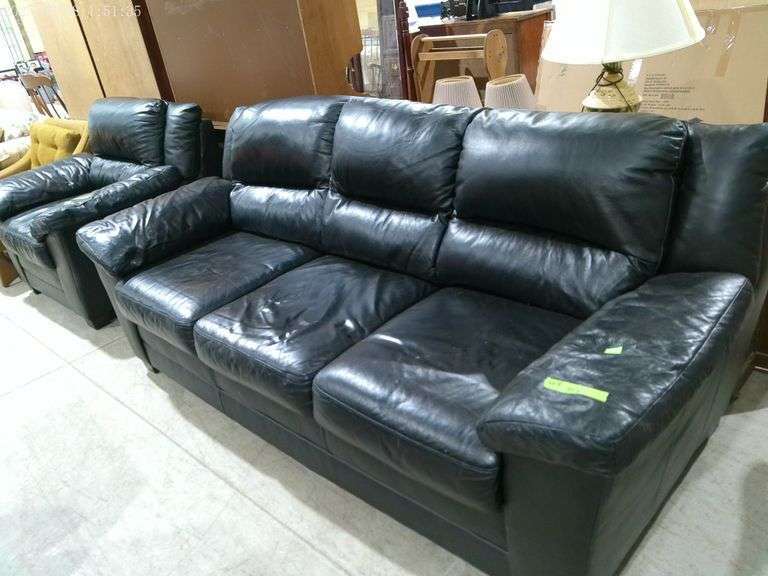 608- 3 cushion black vinyl sofa and black vinyl chair