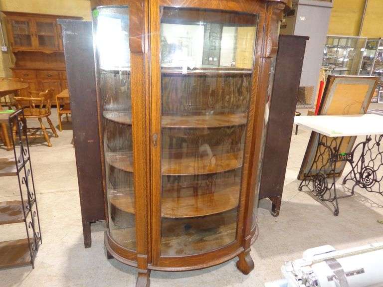 655- Antique tiger oak curved glass curio china cabinet, 4 wooden shelves, has key