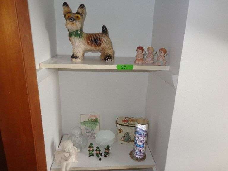 Group of misc knickers knacks, chalk dog, angel figurines, candle, leprechaun figures, milk glass sm