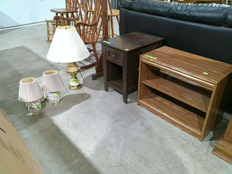 609- Dark end table with drawer 16" wide 22" deep, small bookshelf 21" tall 28" wide 15" deep, 1 tab