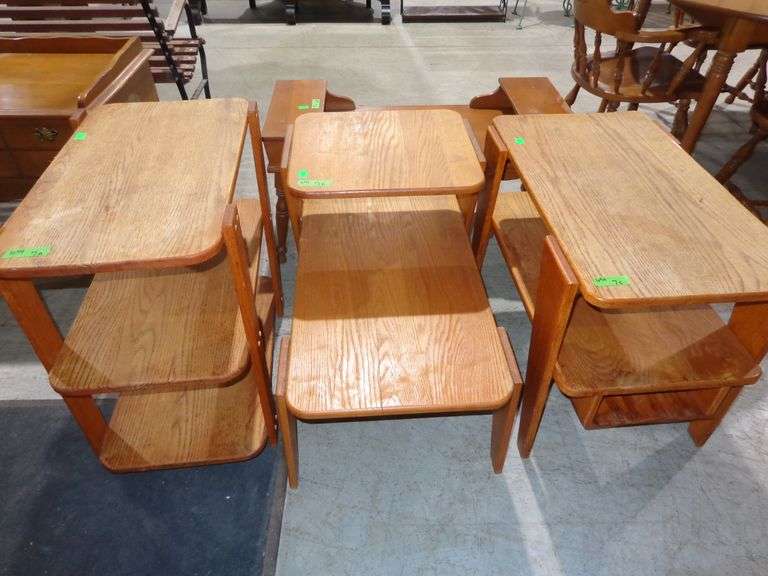 654 - 4 wooden end tables varying in size. Oak tops, finishes are not smooth, one table is not stabl