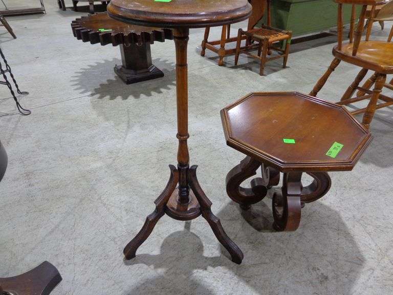 655- Small octagon shaped wooden table 18" wide and 16" tall, and wooden plant stand