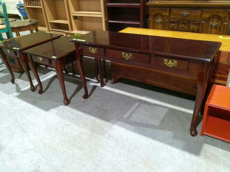 604- 3 piece set, sofa table and 2 end tables. Queen Anne style- handle is broken on 1 end table