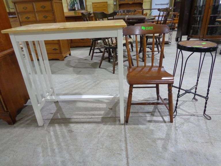 655- White kitchen island table with butcher block like top, wooden side chair and wood & metal stoo