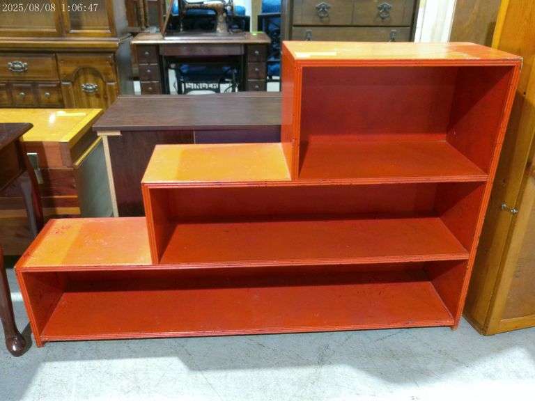 604–3 tiered playroom shelf painted orange & little storage cabinet 43 inches tall , 20 inches wide 