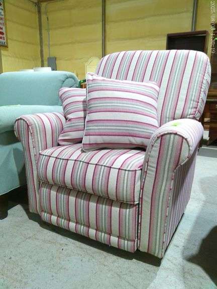 604- Red white and grey striped upholstered rocker in very good clean condition