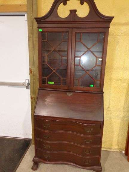 654- vintage Chippendale-style mahogany secretary desk with serpentine front, glass front bookcase o