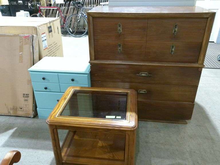 611- 5 drawer wooden chest that shows wear, teal painted night wooden night stand, wooden end table 