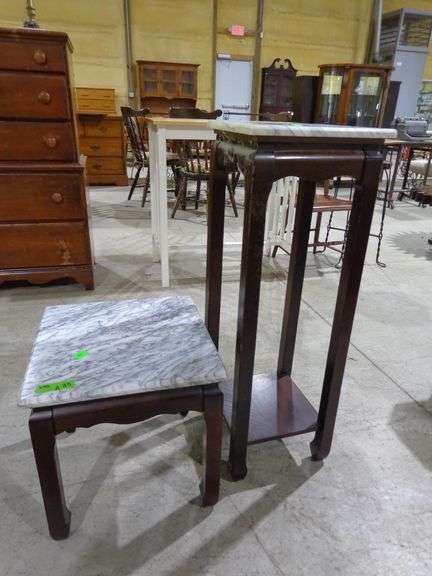 655- Small marble topped accent table 16" by 16" by 16" and marble topped plant stand
