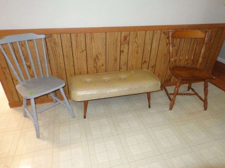 Vinyl upholstered bench (some damage), gray painted wooden side chair