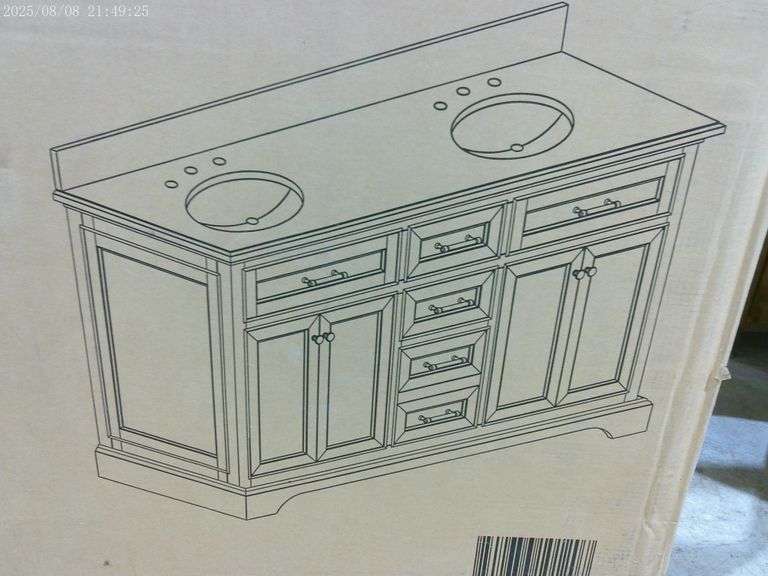 611- Windlowe double vanity combo with mirror - has never been unboxed. Vanity dimensions are 61"w x