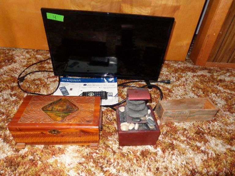 Insignia 24" TV with remote, small cedar jewelry box, small fountain, Kraft cheese box