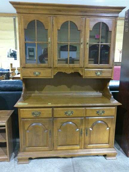 609- Early American 2 piece wooden hutch, glass doors and wooden storage below, 50" wide, 6 feet tal