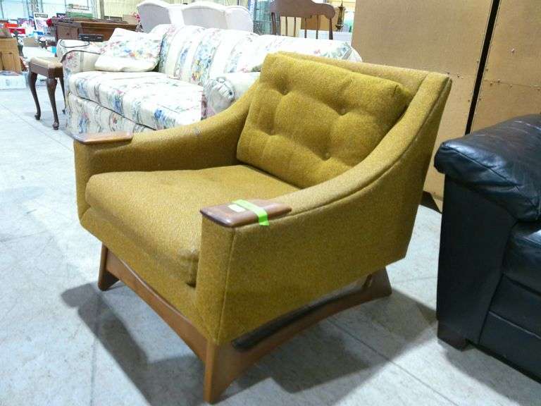 608- Mid century modern arm chair with yellow tweed fabric and wooden arms and legs