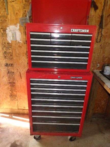 Craftsman roll a round toolbox with contents.wrenches, screw drivers, misc hand tools. See pictures.