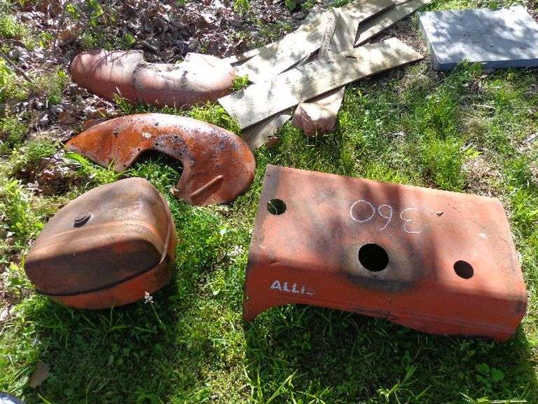 Allis-Chalmers WD45 Tractor Parts. Includes hood, gas tank, fenders, belt pulley, grill, air breathe