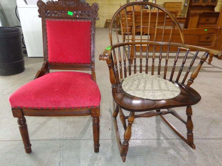655- Wooden Windsor rocking chair (small crack on 1 arm) and Victorian oak chair with red velvet uph