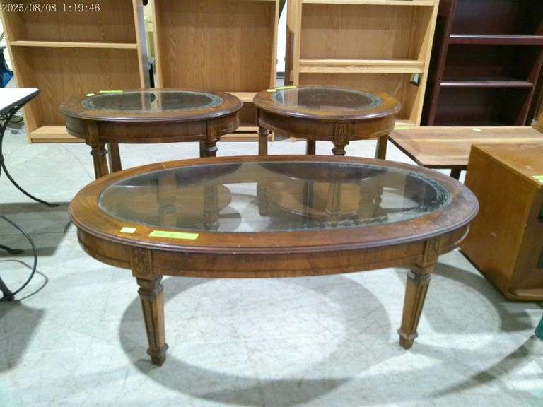 606- 3 piece set, Wooden coffee table with glass top and 2 wooden end tables with glass top