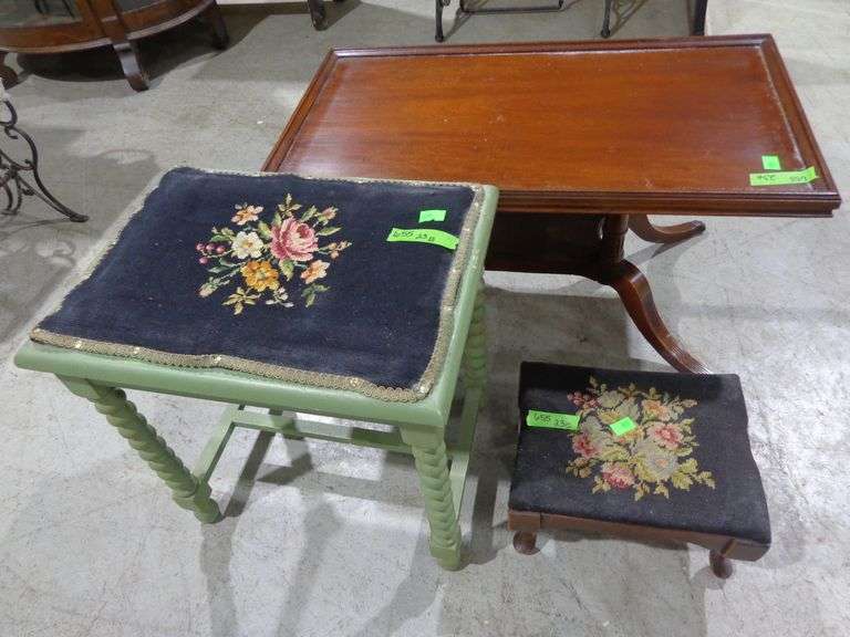 655- Wooden coffee table, green painted accent table, and small stool