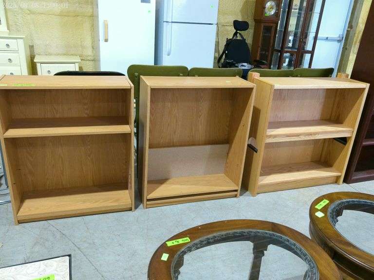 603–3 bookshelves made of composite material. All are 3 foot tall, two are 30 inches wide, one is 36