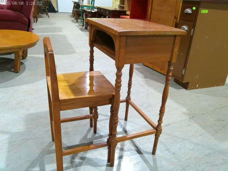 608- small desk and chair, desk is 18" wide 14" deep 30" tall- finish is rough