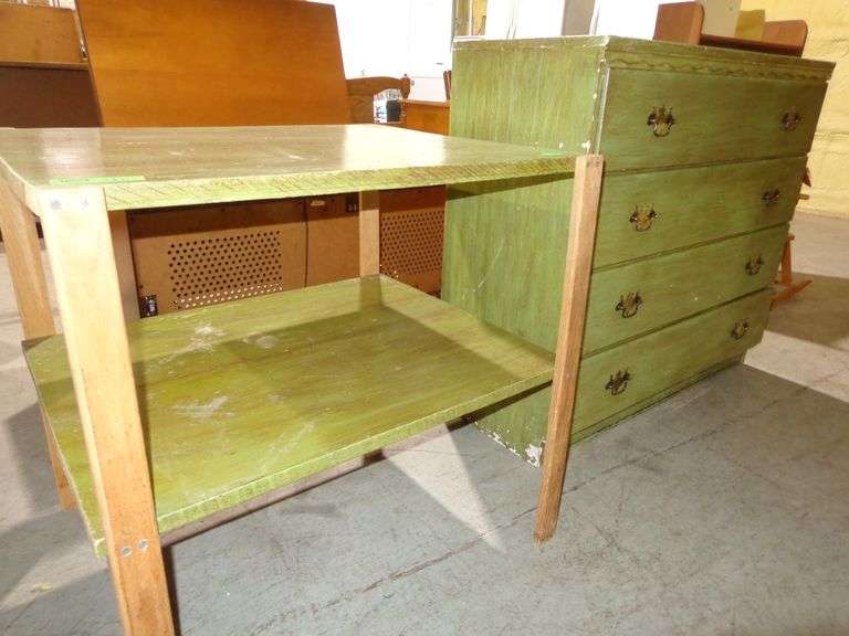654 - green painted 4-drawer chest of drawers 40" by 36" and accent table 30" by 24" by 29"
