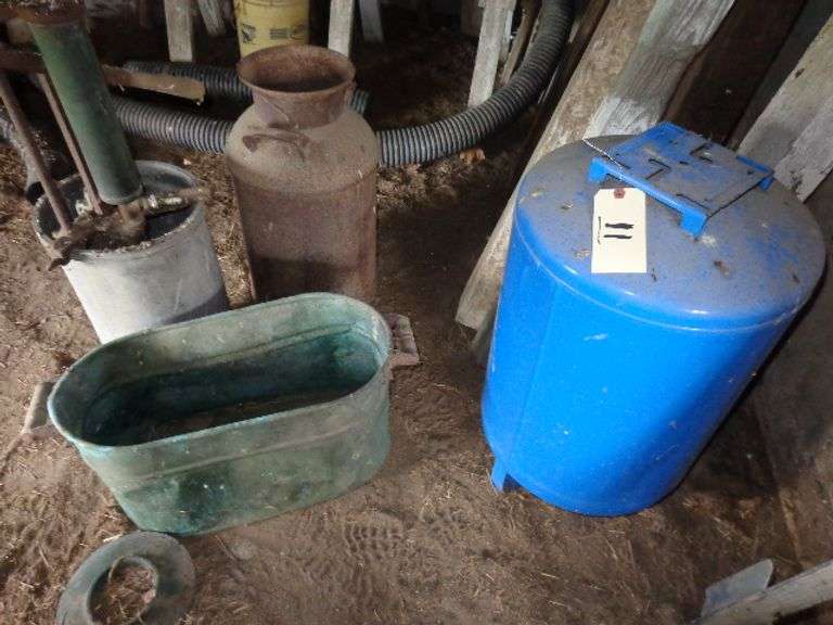 bladder tank, milk can, copper boiler, hand pump